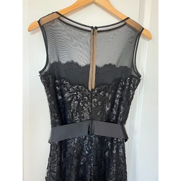 Tadashi Shoji Sequin Illusion Midi Dress Womens Sz 10 Mesh Belted Black Cocktail - Picture 6 of 12